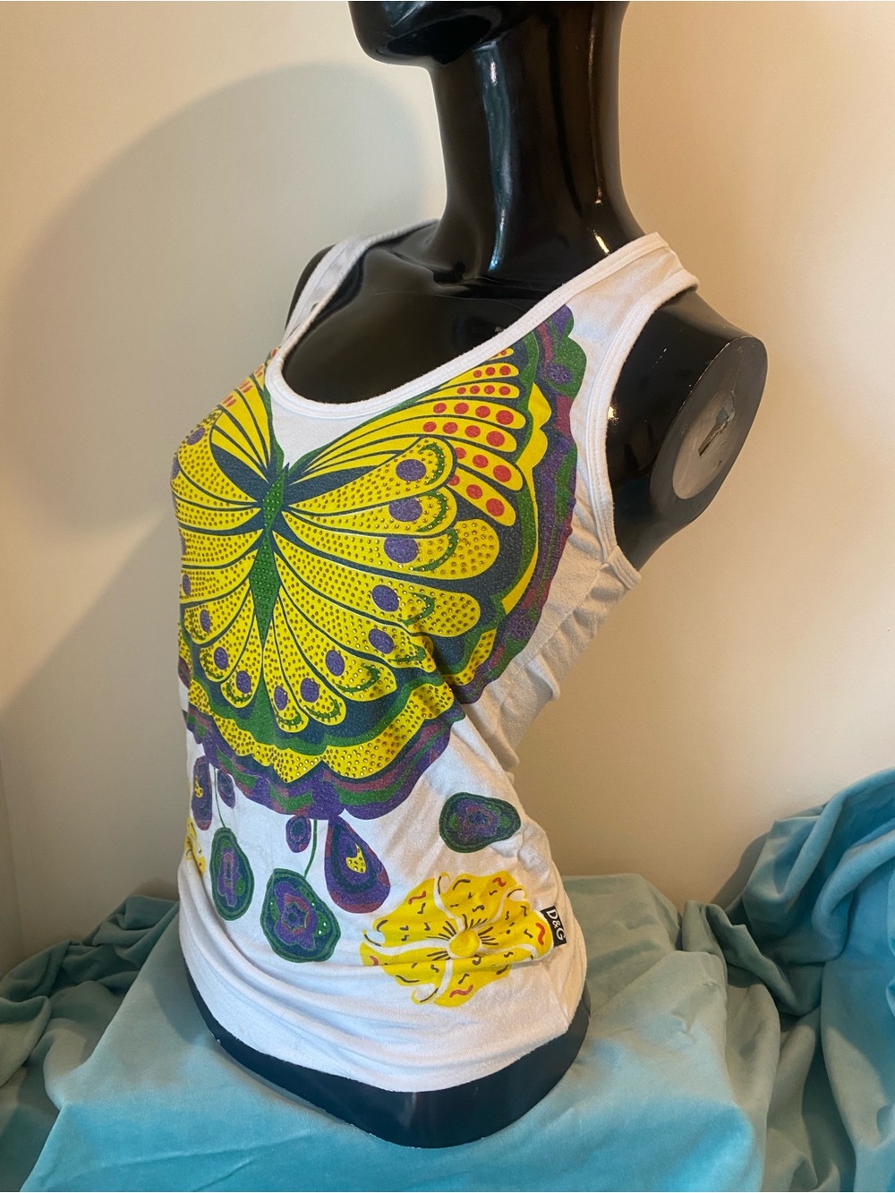Dolce & Gabbana White Tank Top with Yellow & Green Butterfly Print